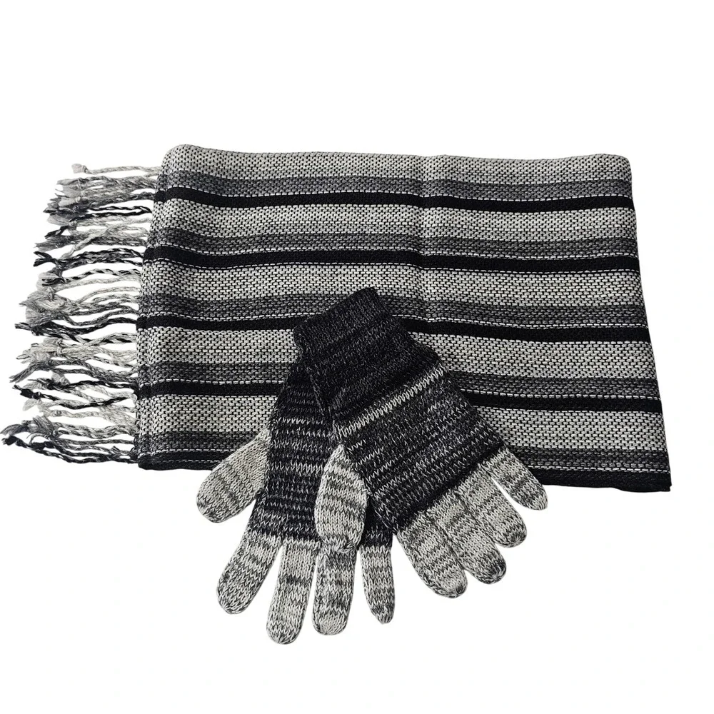 Jalsu Uma Alpaca Scarf and Gloves Set OS Black Gray Striped Artisan Bohemian